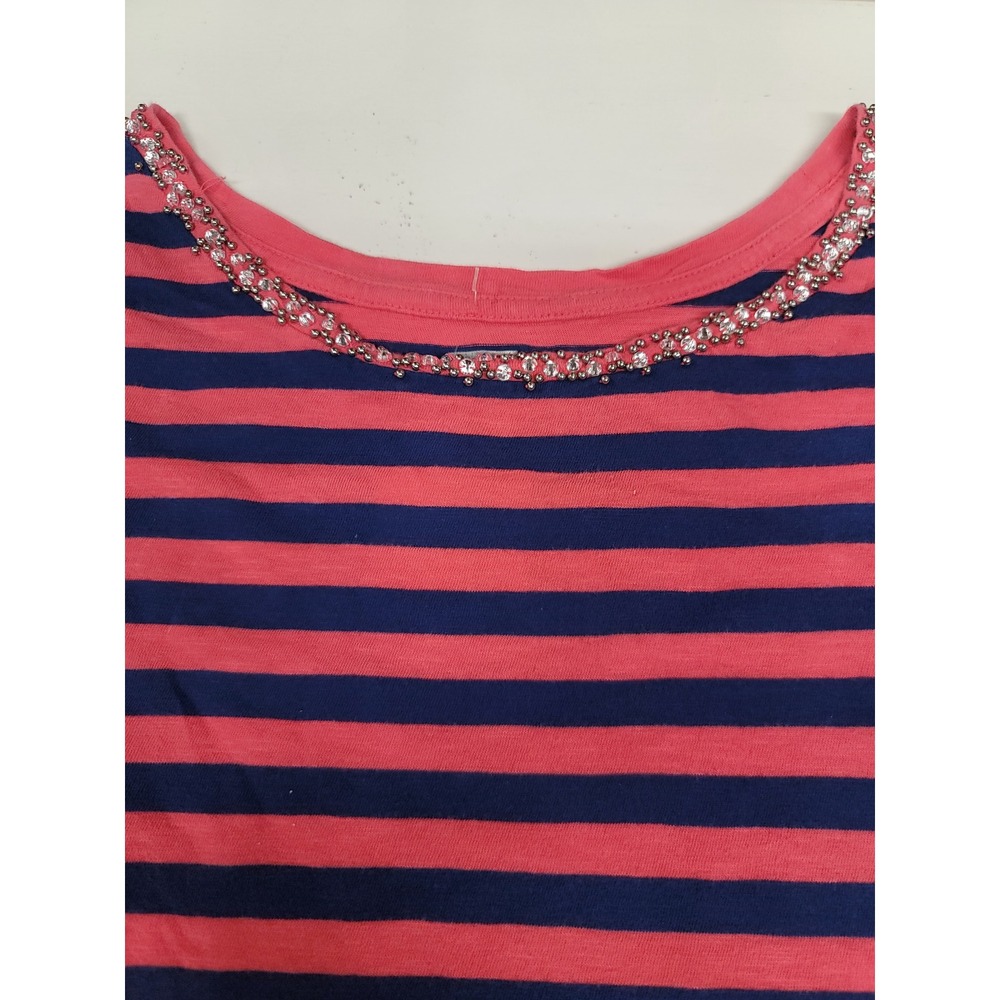 JCP Coral Striped‎ T-Shirt Top with Embellished Neckline, Casual Tee Sz Large